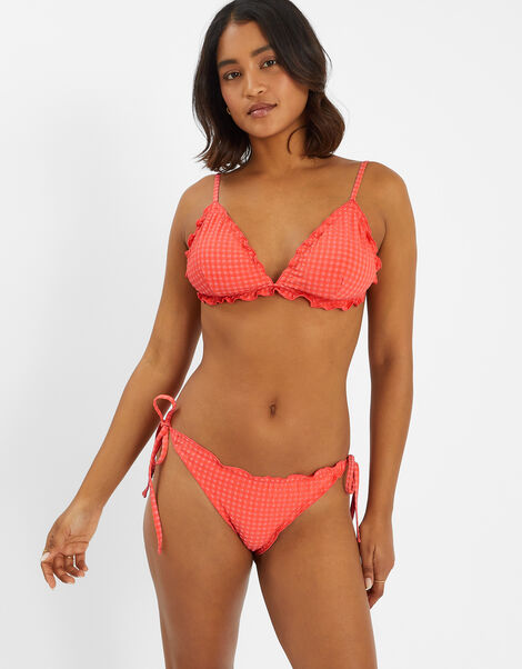 Frilly Seersucker Tie Bikini Bottoms, Orange (CORAL), large