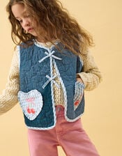 Girls Cherry Gingham Quilted Waistcoat, Blue (NAVY), large