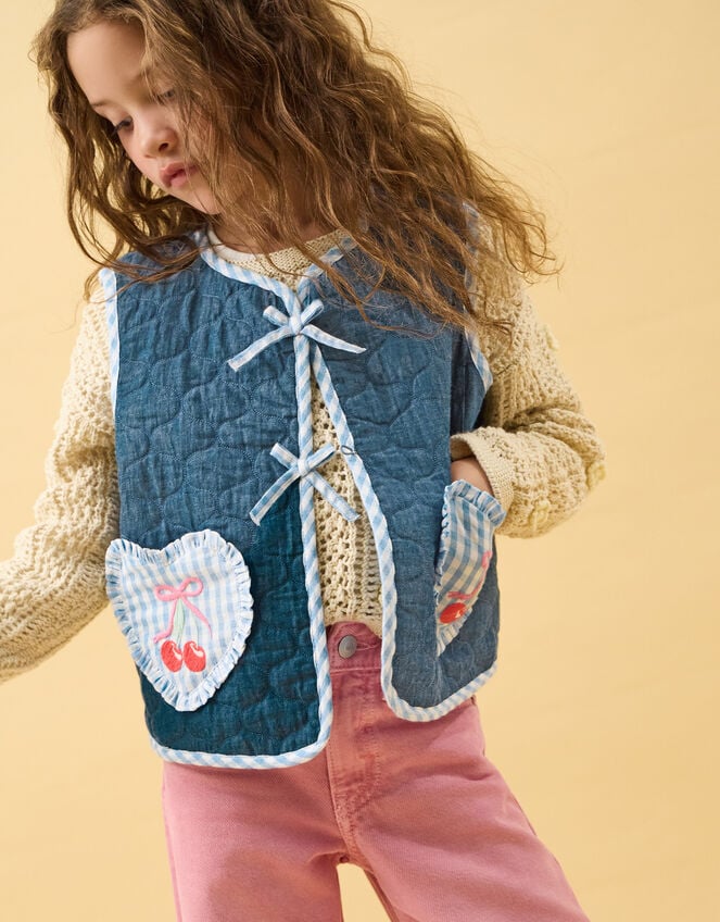 Girls Cherry Gingham Quilted Waistcoat, Blue (NAVY), large