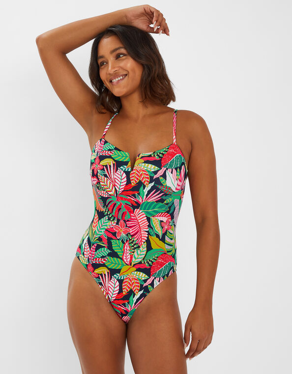 Tropical Print V Insert Swimsuit, Black (BLACK), large