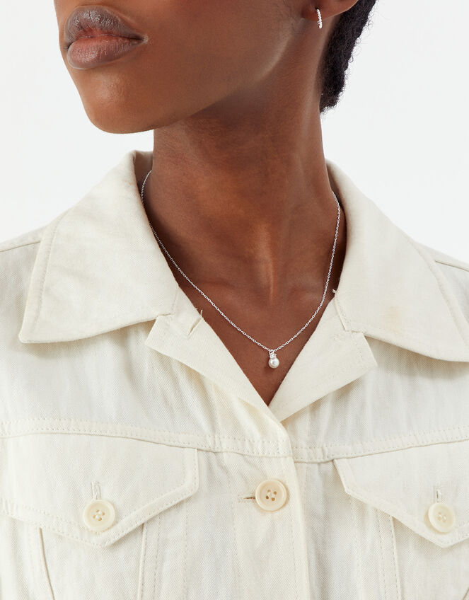 Sterling Silver Sparkle Pearl Pendant Necklace, , large