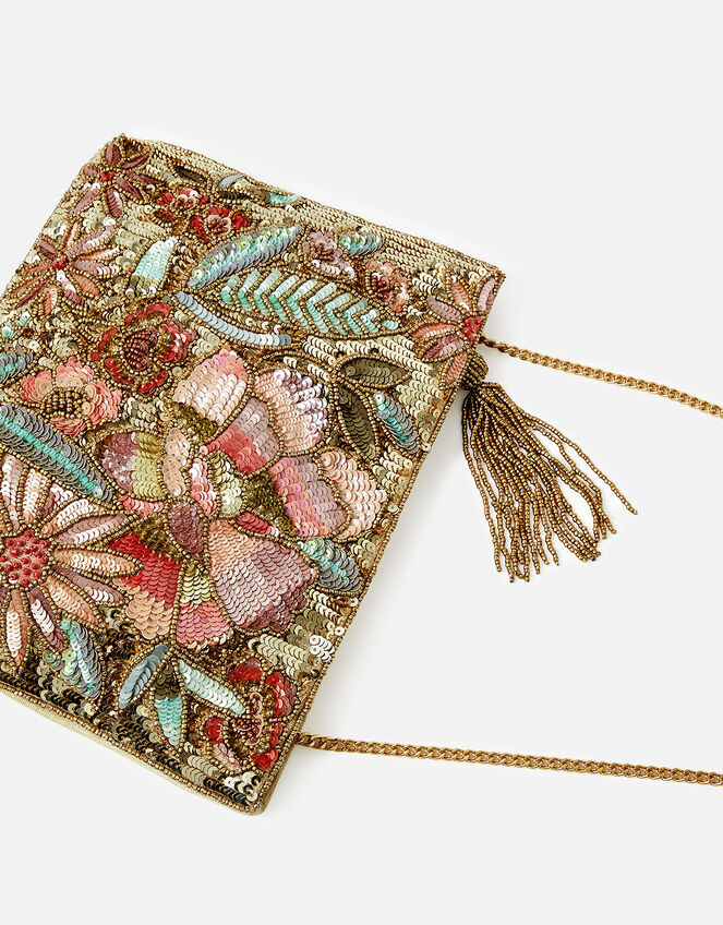 Floral Sequin Zip Bag, , large