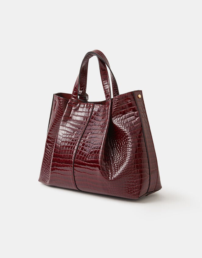 Faux Croc Skin Patent Tote Bag, Red (BURGUNDY), large