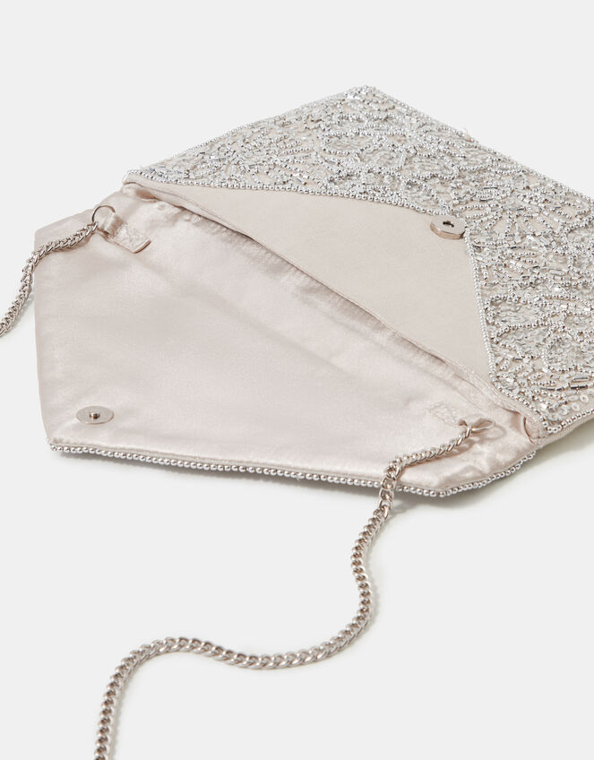Floral Embellished Envelope Clutch Bag, Silver (SILVER), large