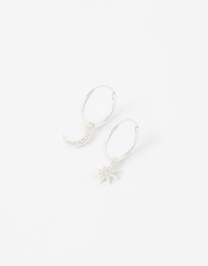Sterling Silver Star and Moon Hoops, , large