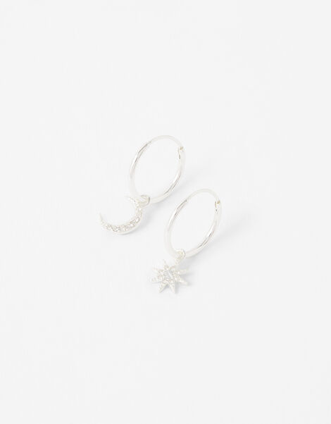 Sterling Silver Star and Moon Hoops, , large