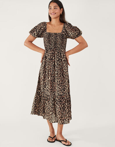 Leopard Print Shirred Puff Sleeve Dress, Brown (BROWN), large