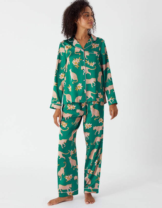 Leopard Printed Satin Pyjama Set, Teal (TEAL), large