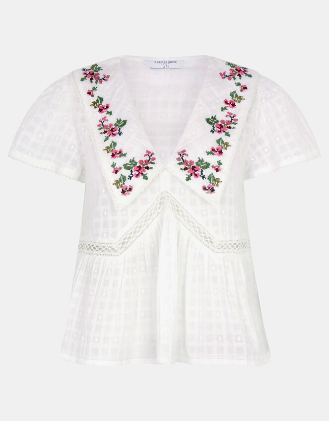Floral Embroidered Collar Blouse, Ivory (IVORY), large