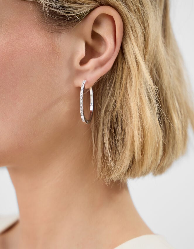 Diamant&eacute; Hoop Earrings, Silver (SILVER), large