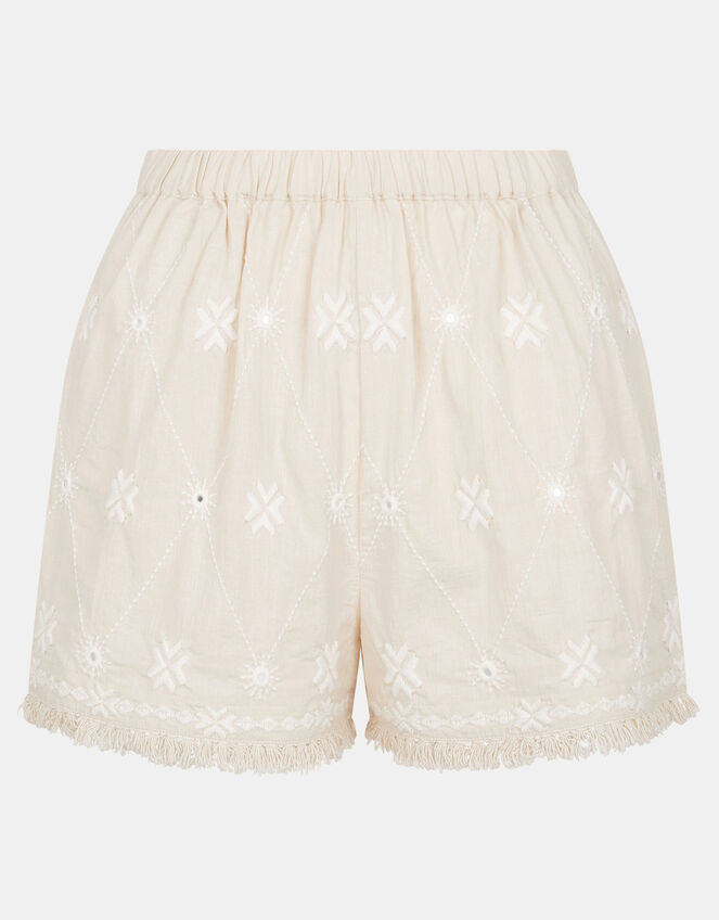 Mirror Embroidered Cotton Shorts, Ivory (IVORY), large