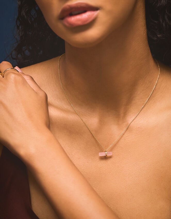 14ct Gold-Plated Healing Stone T-Bar Necklace, Pink (ROSE PINK), large