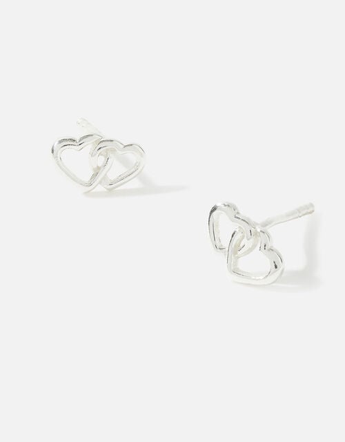 Sterling Silver Double Heart Studs, , large