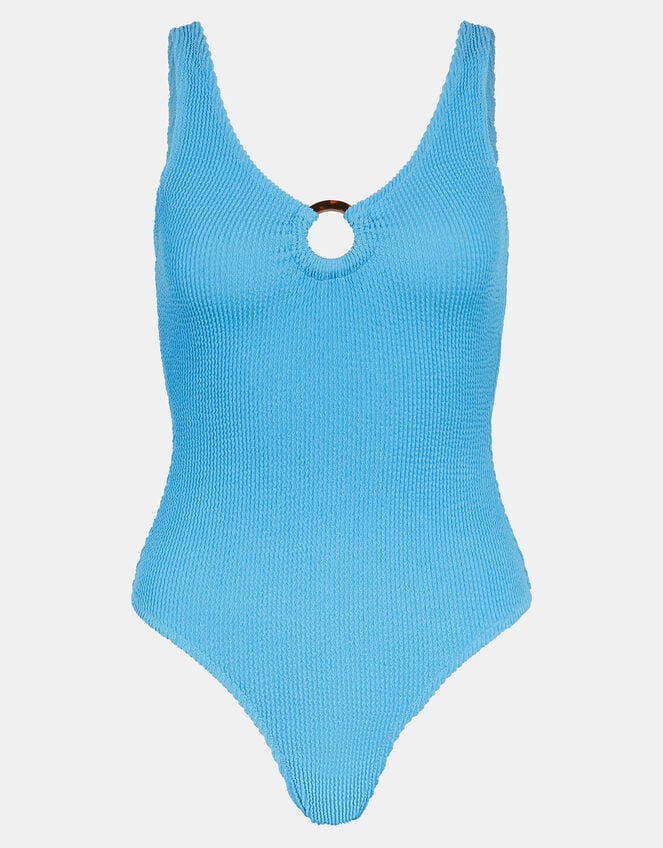Ring Detail Crinkle Textured Swimsuit, Blue (BLUE), large