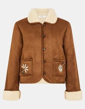 Floral Embroidered Faux Suede Jacket, Tan (TAN), large
