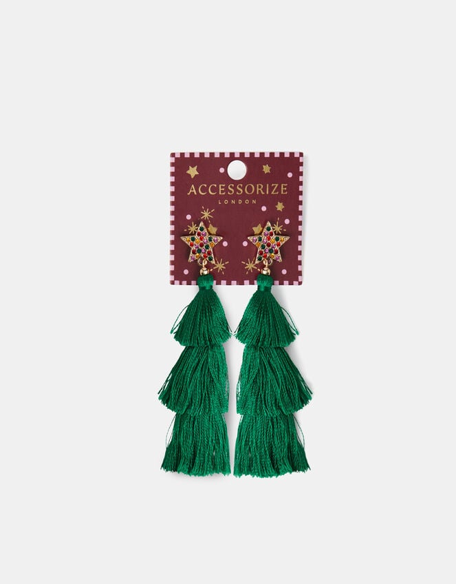 Christmas Tree Tassel Drop Earrings, , large