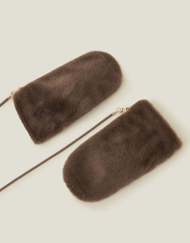 Faux Fur String Mittens, Brown (BROWN), large