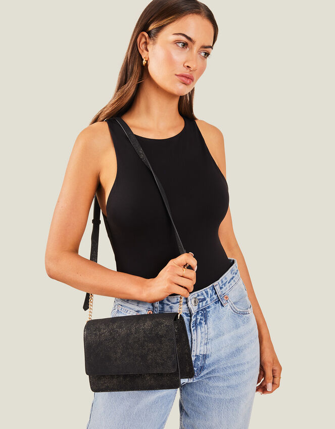 Glittery Leather Cross-Body Bag, Black (BLACK), large