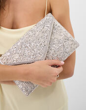 Floral Embellished Envelope Clutch Bag, Silver (SILVER), large