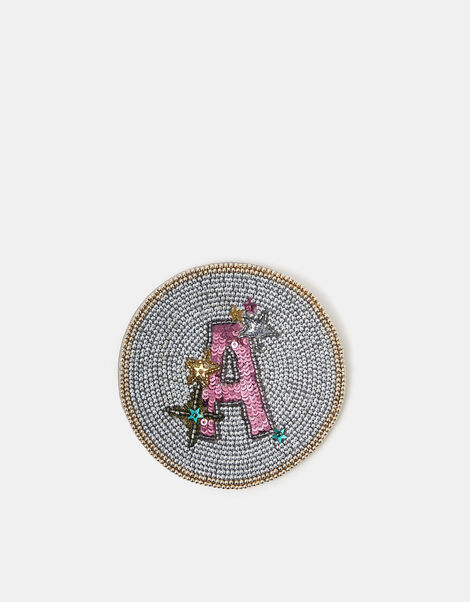 Round Initial Beaded Coaster, Silver (SILVER), large