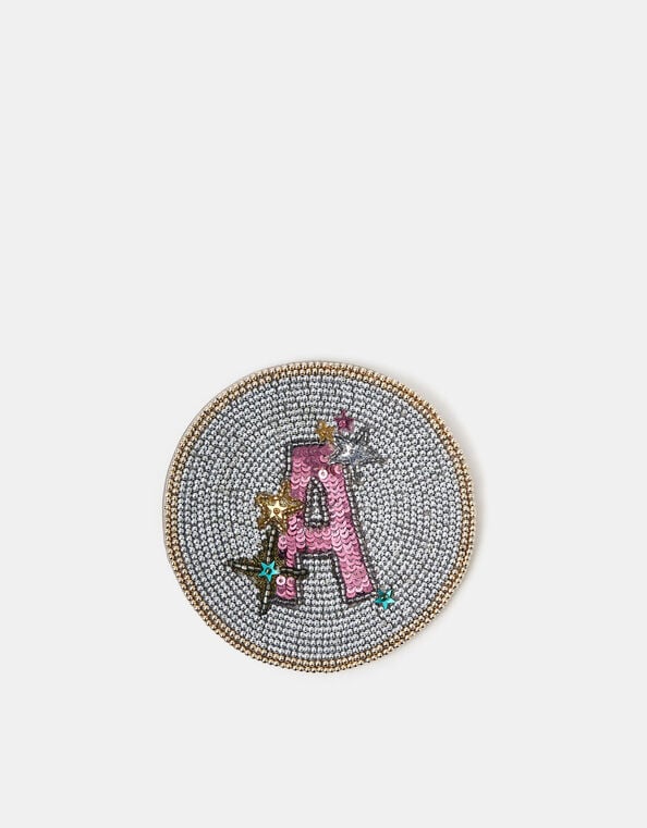 Round Initial Beaded Coaster, Silver (SILVER), large