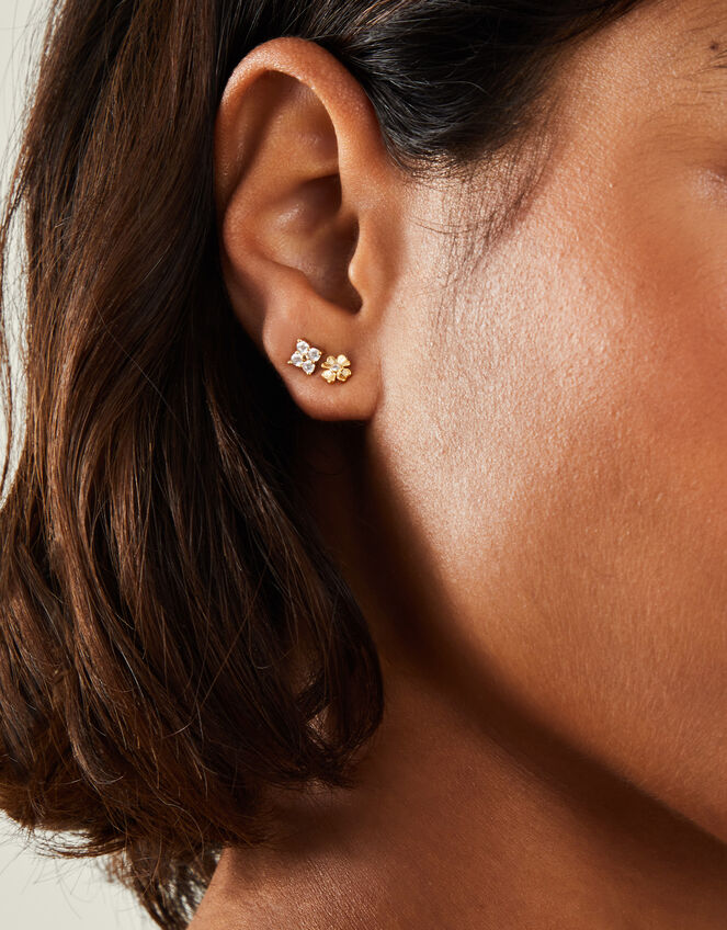 3-Pack 14ct Gold-Plated Flower Stud Earrings, , large