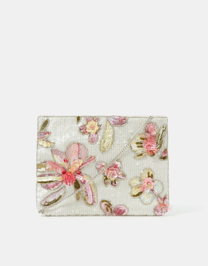 Floral Sequin Clutch Bag, , large
