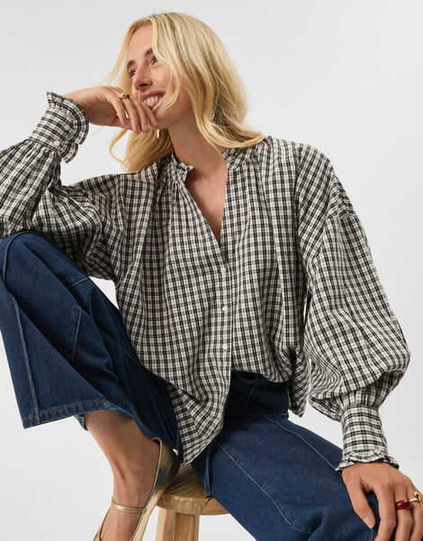 Check Print Blouse, Black (BLACK WHITE), large