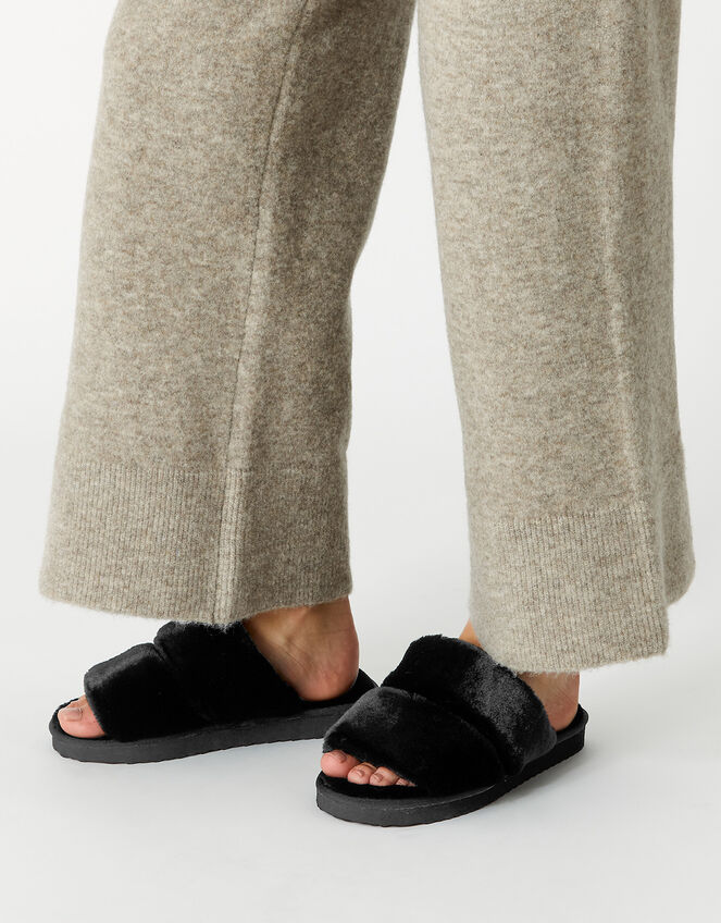 Platform Faux Fur Double Band Sliders, Black (BLACK), large