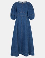 Puff Sleeve Denim Midi Dress, Blue (BLUE), large