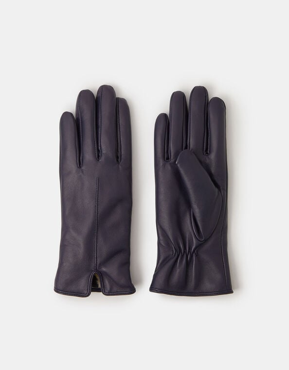 Faux Fur Lined Leather Gloves, Blue (NAVY), large