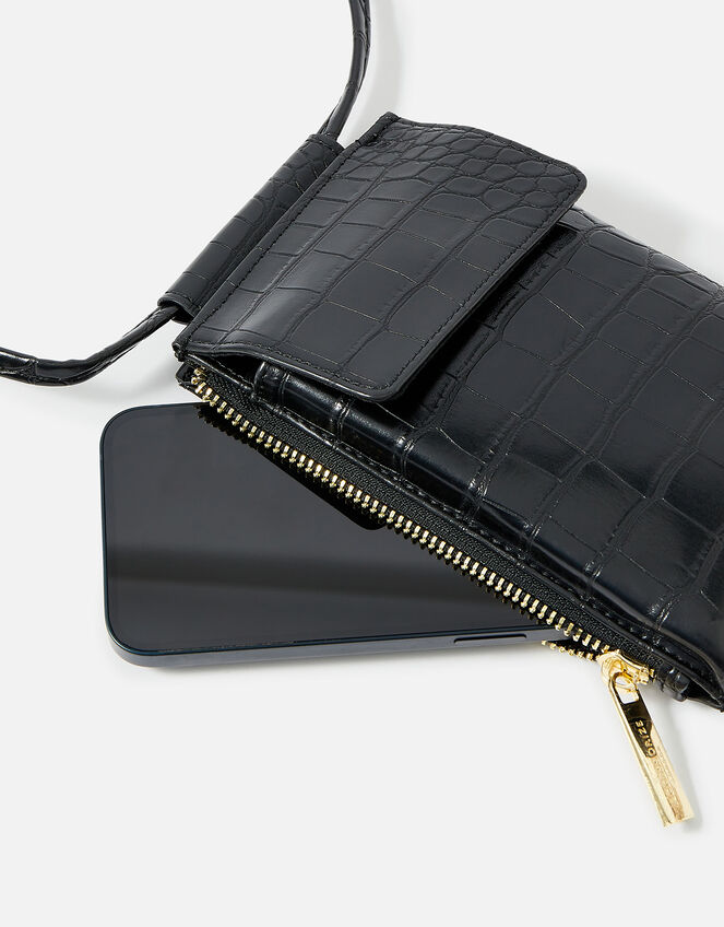 Faux Croc Phone Bag, Black (BLACK), large