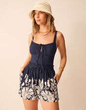 Floral Print High Waist Shorts, Blue (NAVY), large