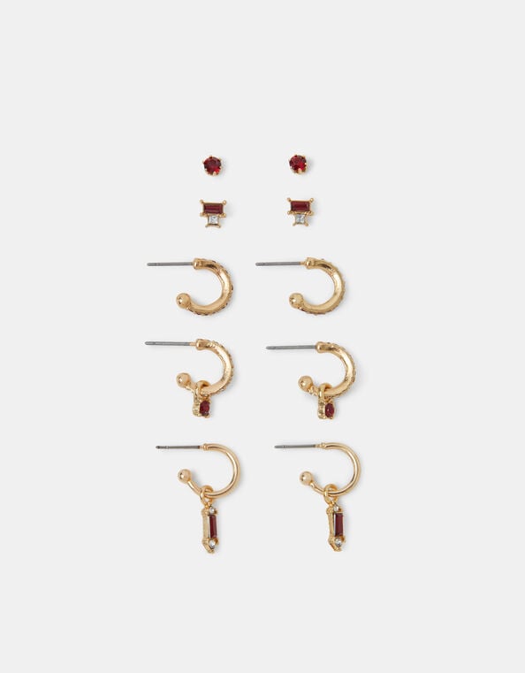 5-Pack Gemstone Stud & Hoop Earrings, Red (BURGUNDY), large