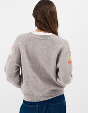 Floral Embroidered Sleeve Cardigan, Grey (GREY), large