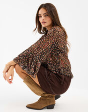 Floral Paisley Print Ruffle Blouse, Black (BLACK), large