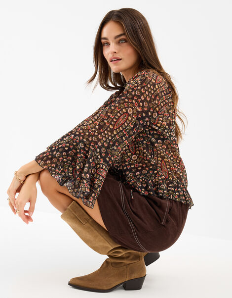 Floral Paisley Print Ruffle Blouse, Black (BLACK), large