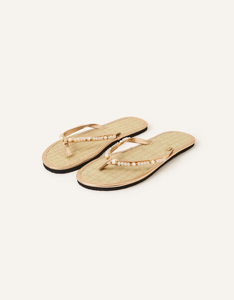 Beaded Seagrass Flip Flops Gold, Gold (GOLD), large