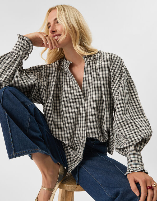 Check Print Blouse, Black (BLACK WHITE), large