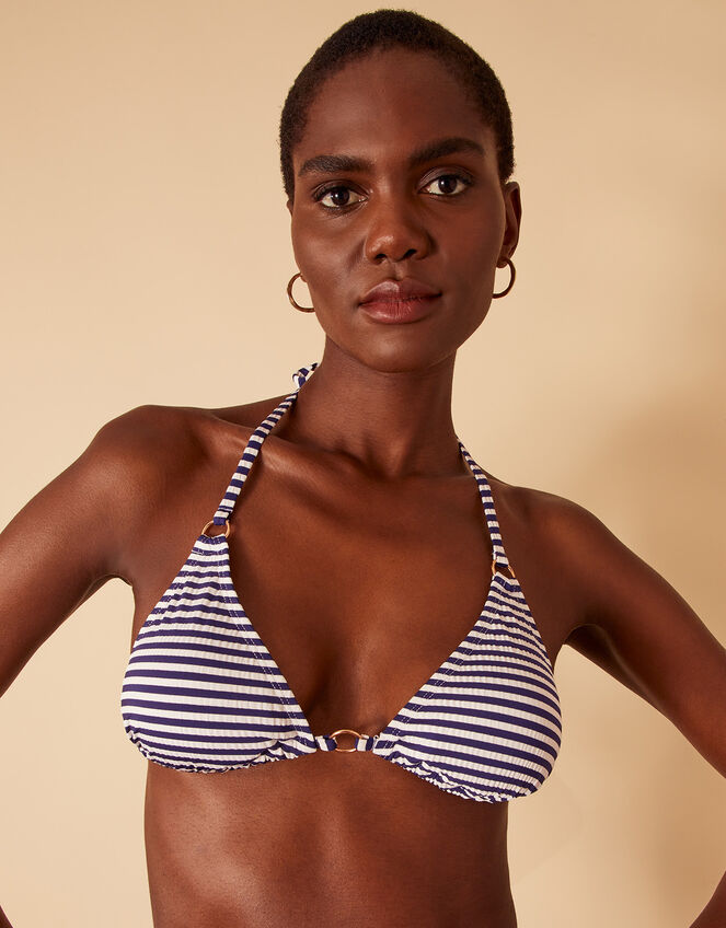 Ring Detail Stripe Triangle Bikini Top, Blue (NAVY), large