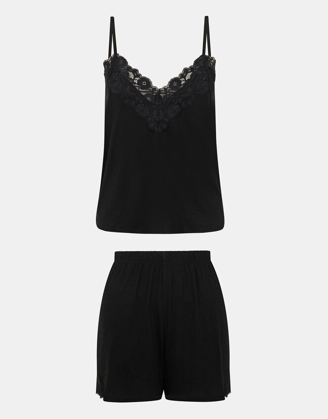 Lace Trim Short Pyjamas Set, Black (BLACK), large