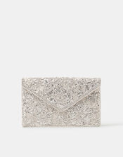 Floral Embellished Envelope Clutch Bag, Silver (SILVER), large