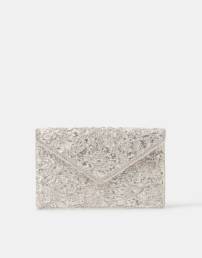 Floral Embellished Envelope Clutch Bag, Silver (SILVER), large