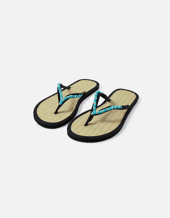 Turqouise Beaded Seagrass Flip Flops, Blue (TURQUOISE), large