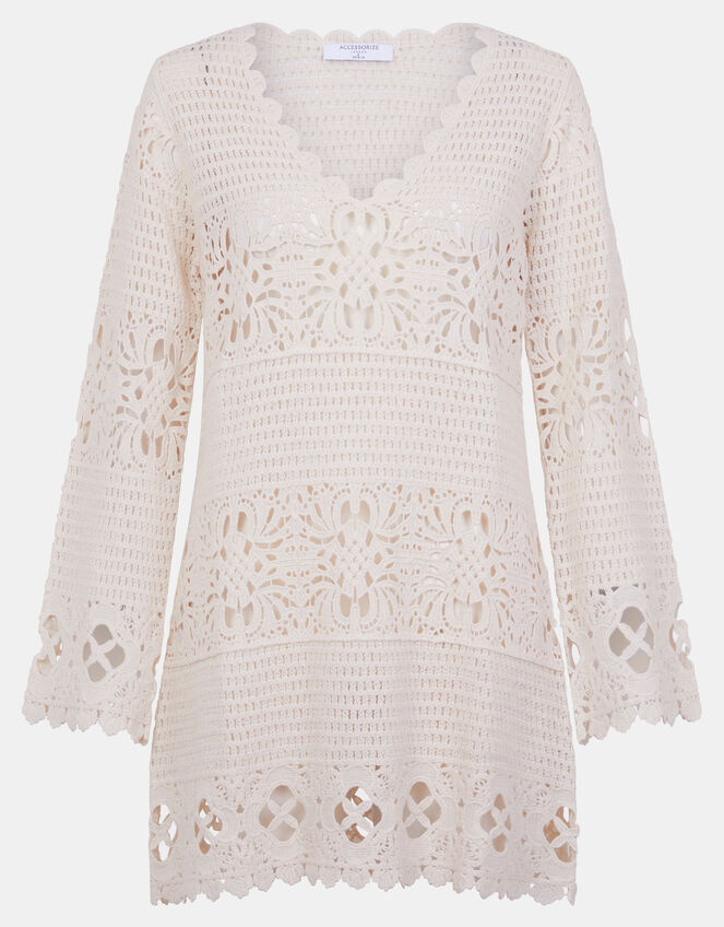 Crochet Long Sleeve Cover Up, Natural (NATURAL), large