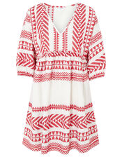 Patterned Jacquard Smock Dress in Pure Cotton, Red (RED), large