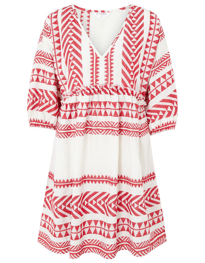Patterned Jacquard Smock Dress in Pure Cotton, Red (RED), large