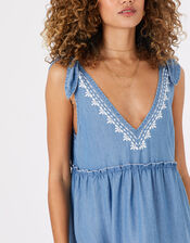Tie Strap Embroidered Chambray Dress, Blue (BLUE), large