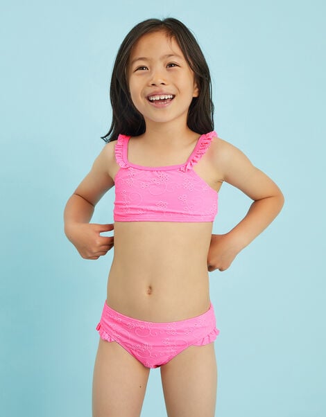 Girls Ruffle Broderie Bikini Set, Pink (PALE PINK), large
