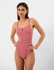 V Front Bead Strap Swimsuit , Orange (RUST), large